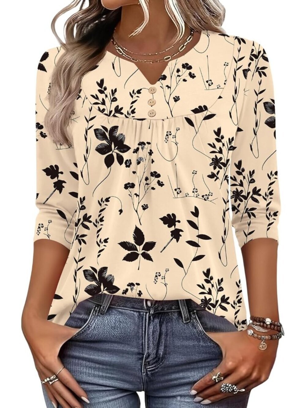 Women's Apricot Black Long Sleeve V Neck Casual Henley Blouses Tops T Shirt - Picture 1 of 5